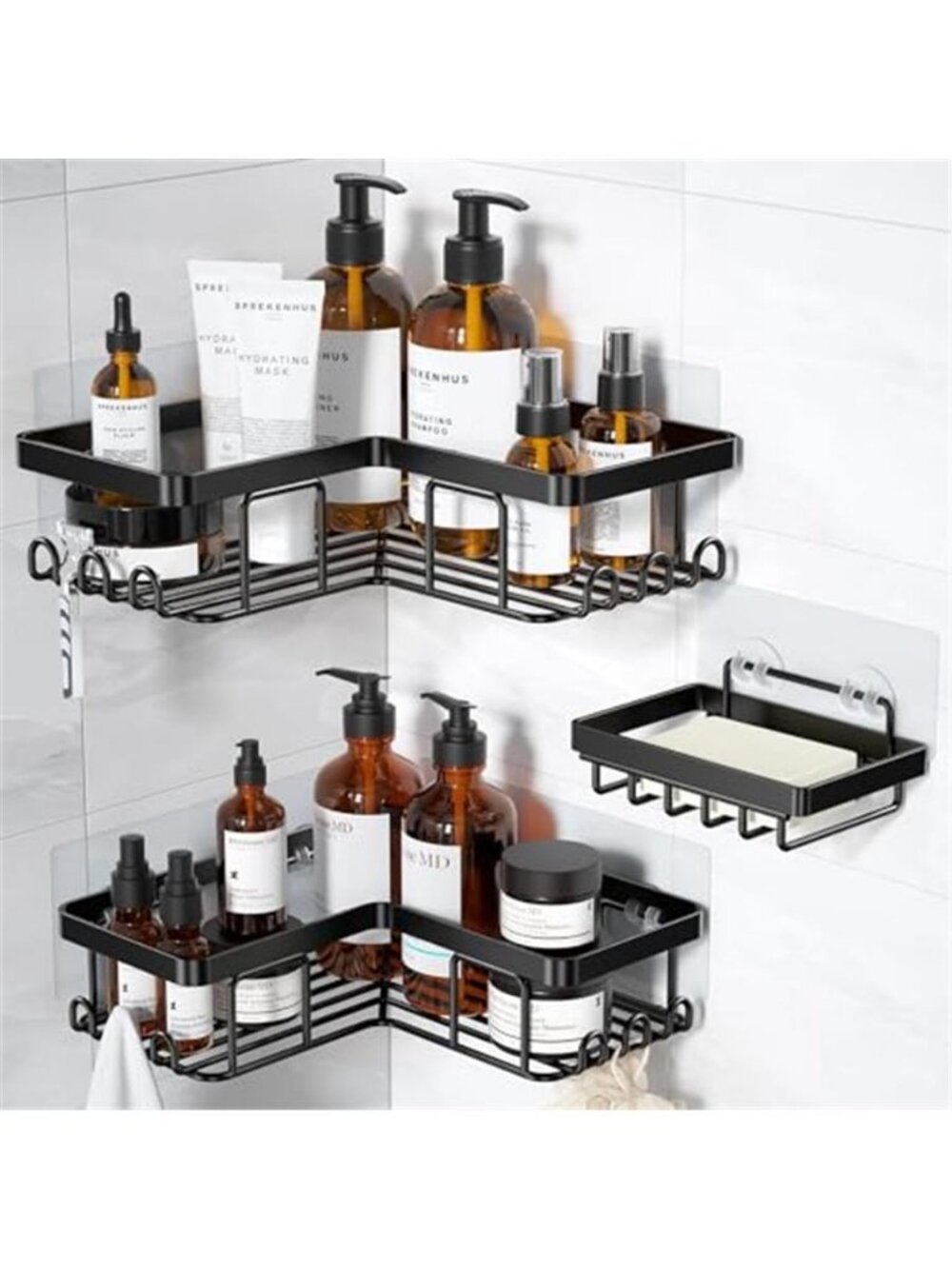Corner Adhesive Shower Caddy, with Soap Holder and 12 Hooks, Rustproof Organizer